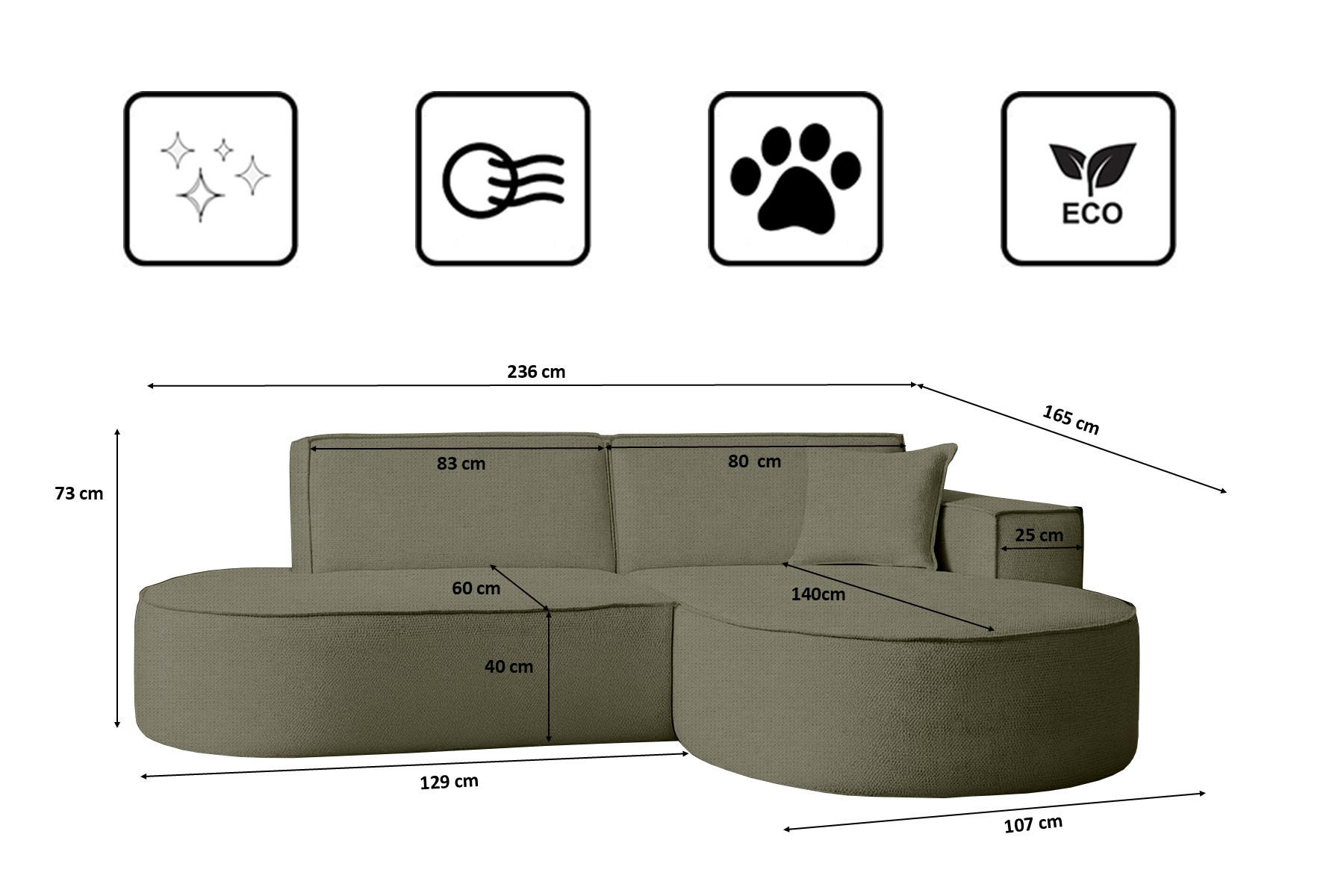 Thumbnail - Kaiser Möbel Ecksofa, Grün, Holz, 3-Sitzer, Ottomane rechts,L-Form, 236x165 cm, Wohnzimmer, Sofas & Couches, Wohnlandsch...