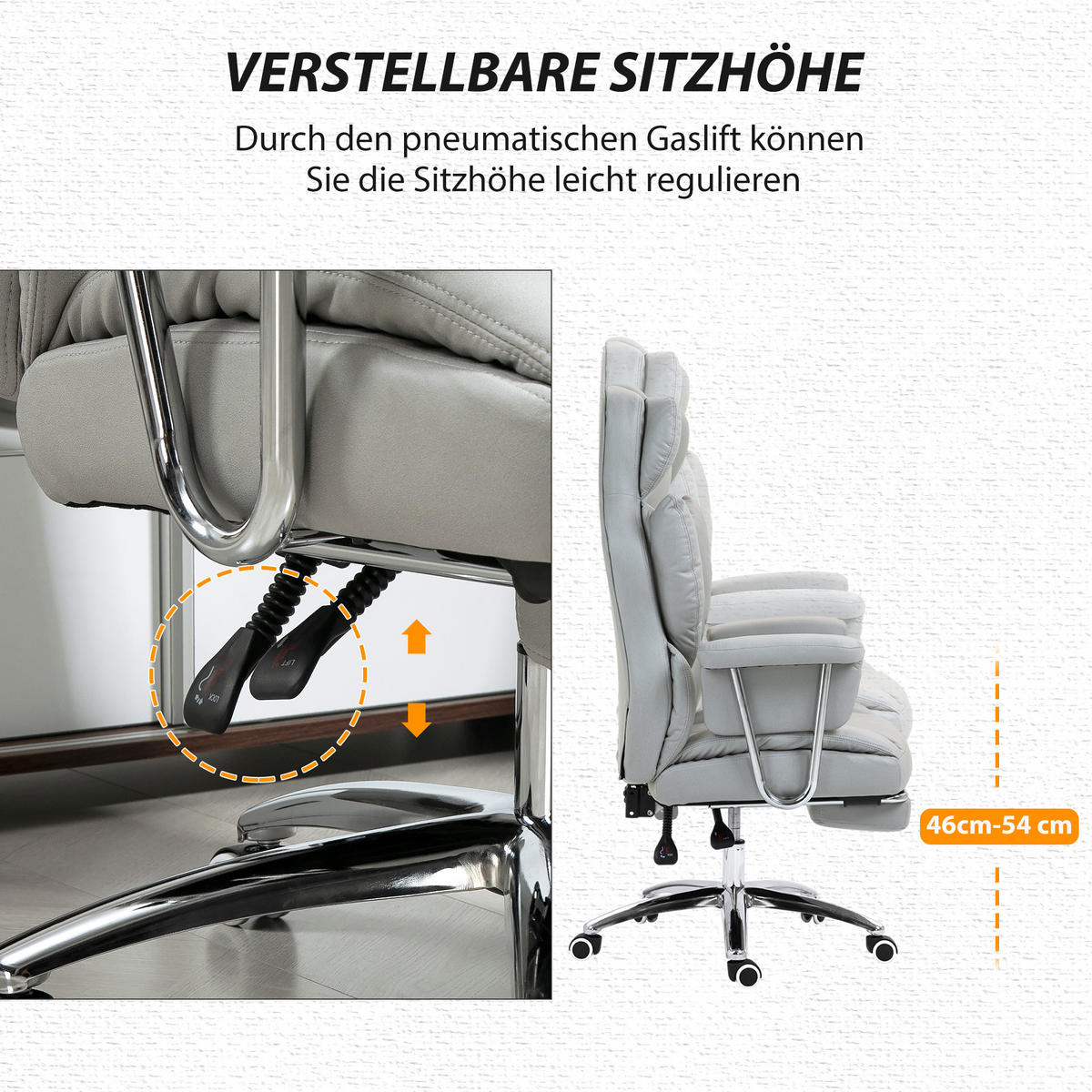 BÜROSTUHL mit Liegefunktion, ergonomisch Schreibtischstuhl, Drehstuhl Hellgrau - Chromfarben/Hellgrau, Textil/Metall (65/128/74cm) - HOMCOM