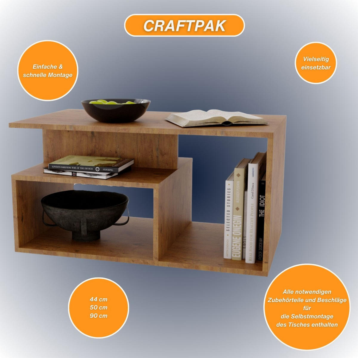 COUCHTISCH Holzwerkstoff rechteckig stabil Retro 44/50/90cm - Nussbaumfarben, Holzwerkstoff (50/90/44cm) - CraftPAK