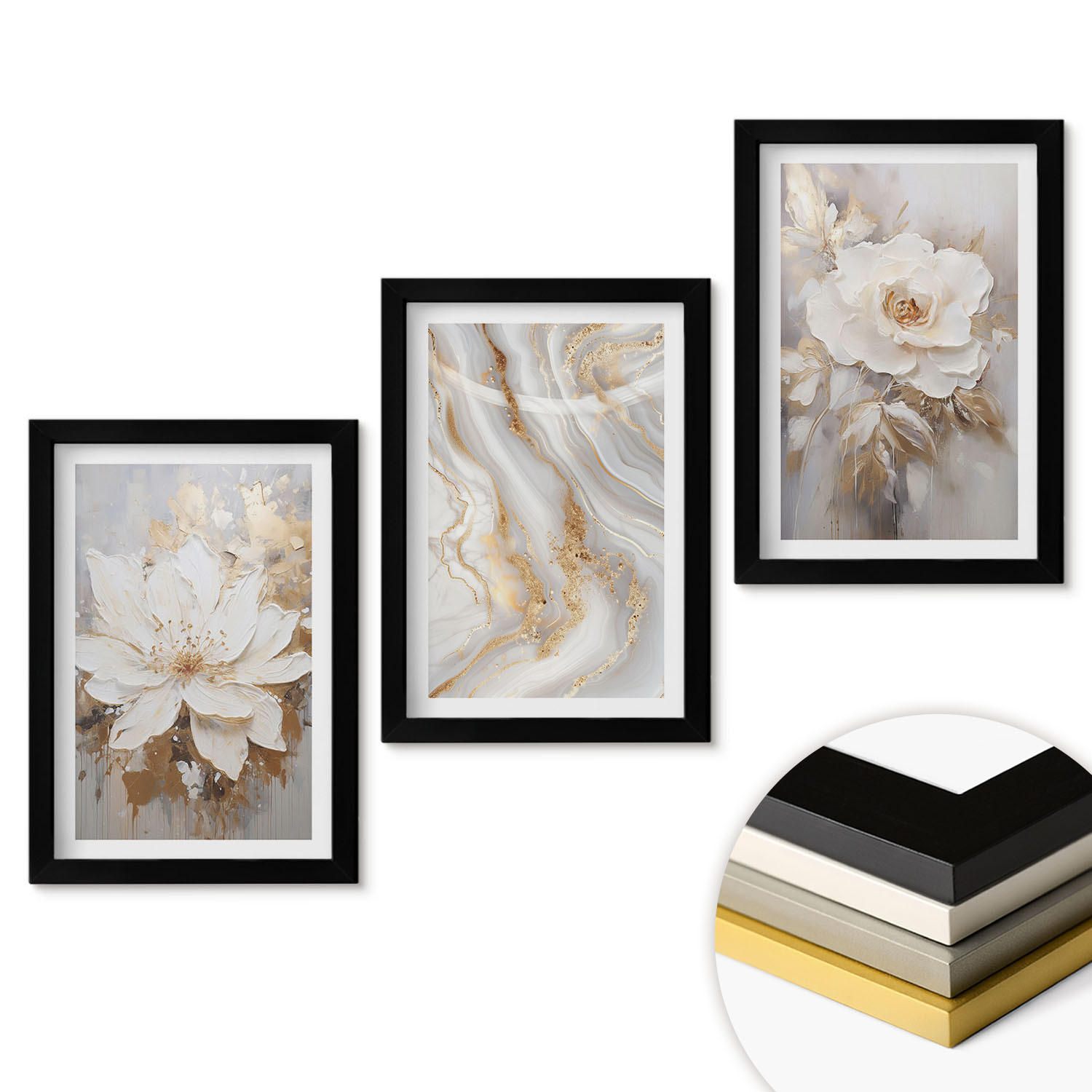 WANDBILDER 3er-Set - 20x30 cm Schwarzer Rahmen - Abstrakte Blumen aus Marmor - Schwarz, Kunststoff (20/30cm) - ArtPrintCave