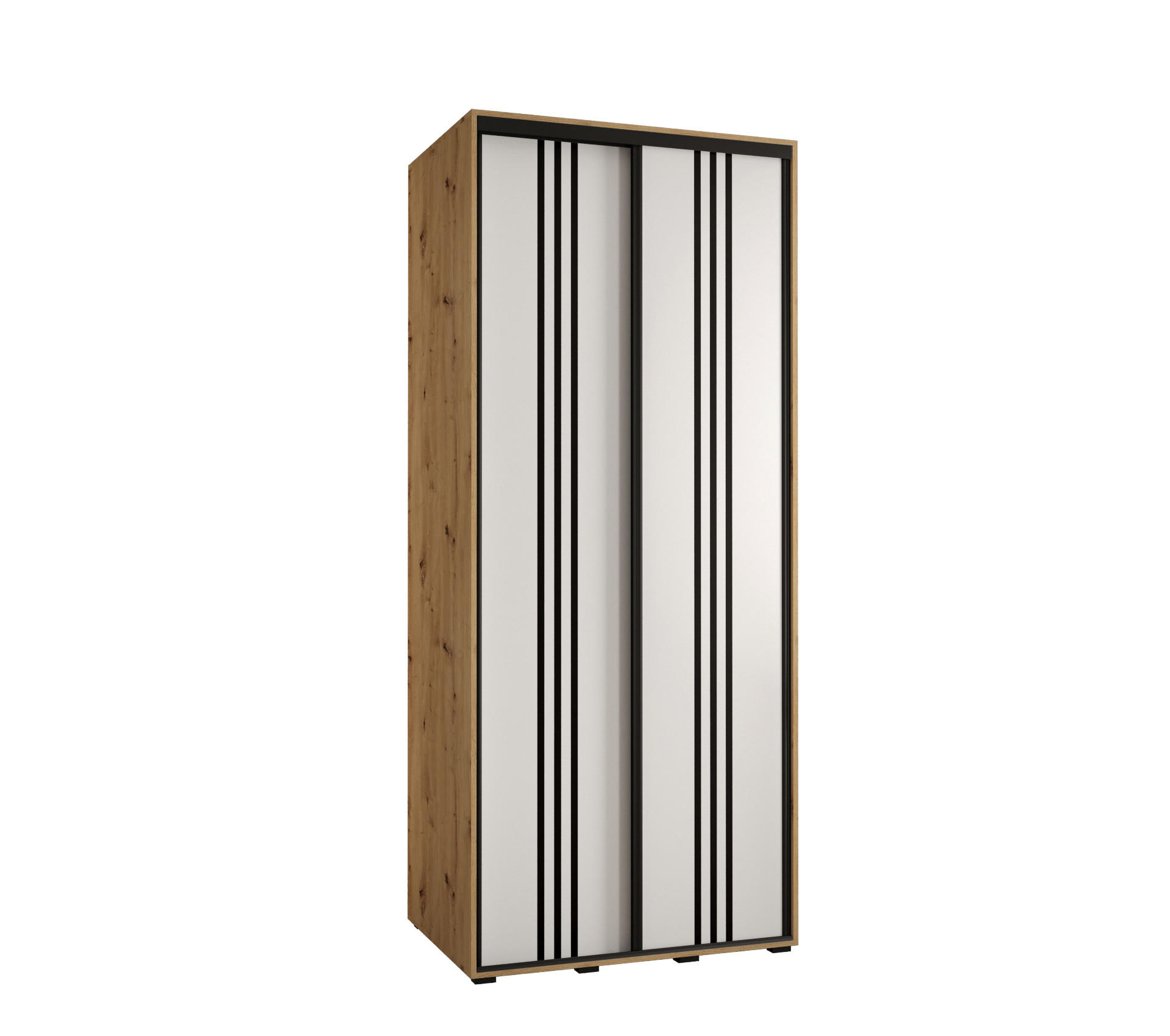 Abiks Möbel Schwebetürenschrank Eiche Artisan, Weiß, Schwarz 110x235x60 cm