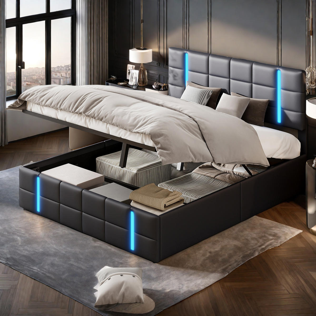 POLSTERBETT 140x200 cm Schwarz mit LED USB Stauraum - Schwarz, Metall (140/200cm) - SHOPENTRA