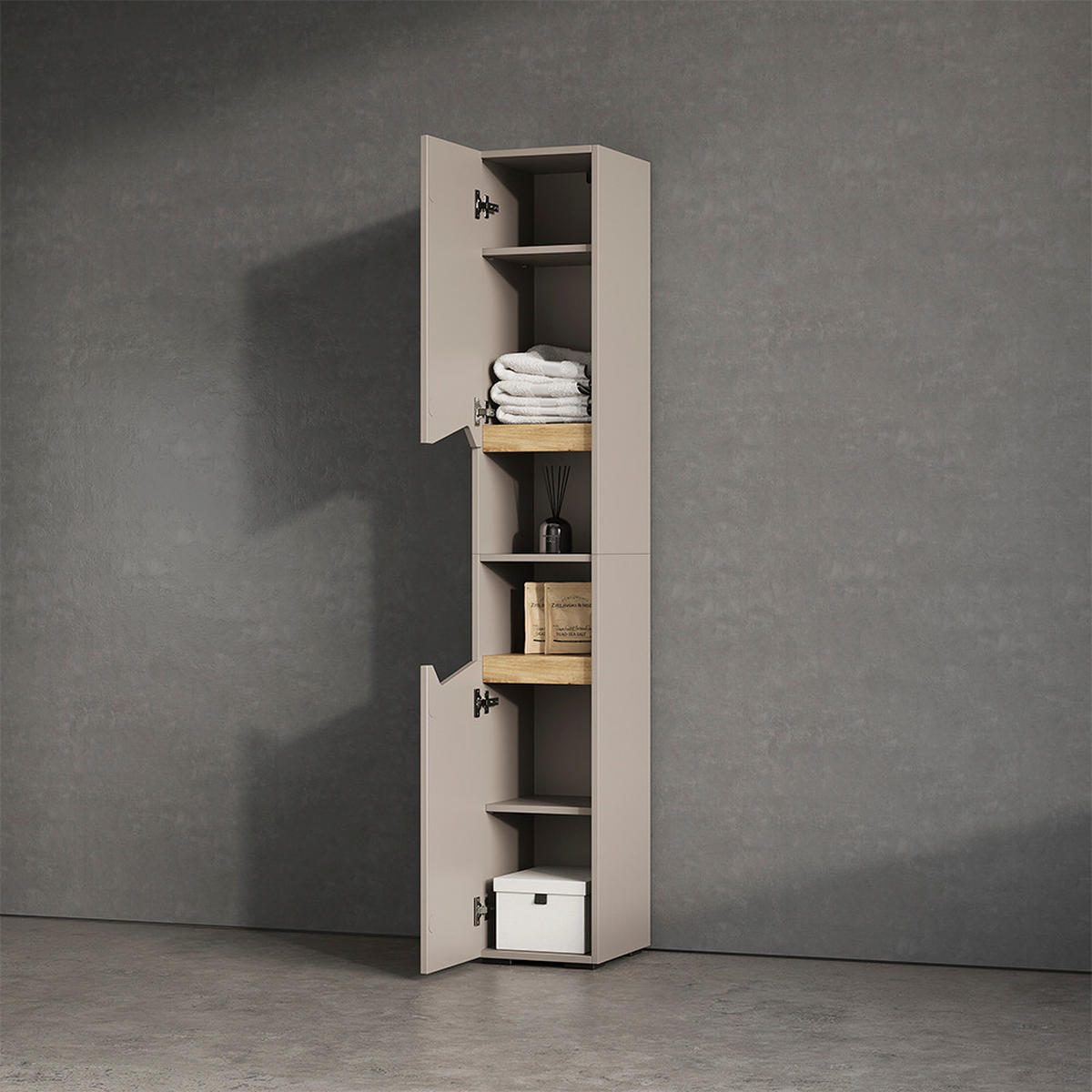 BADSCHRANK Timavo Greige 30 x 180 cm mit Türen, und offenen Fächern - Greige/Grau, Holzwerkstoff (30/180/35cm) - Livinity®