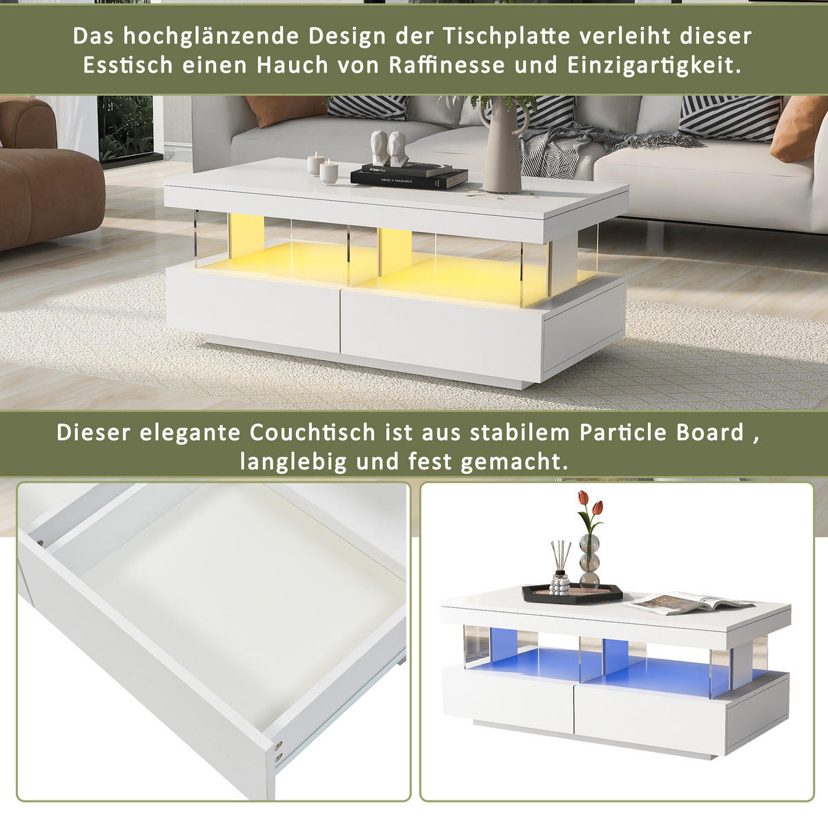 COUCHTISCH aus Spanplatte 100x60x49,5 cm in Weiß mit LED-Beleuchtung - Weiß, Holzwerkstoff (100/60/49.5cm) - Modfu