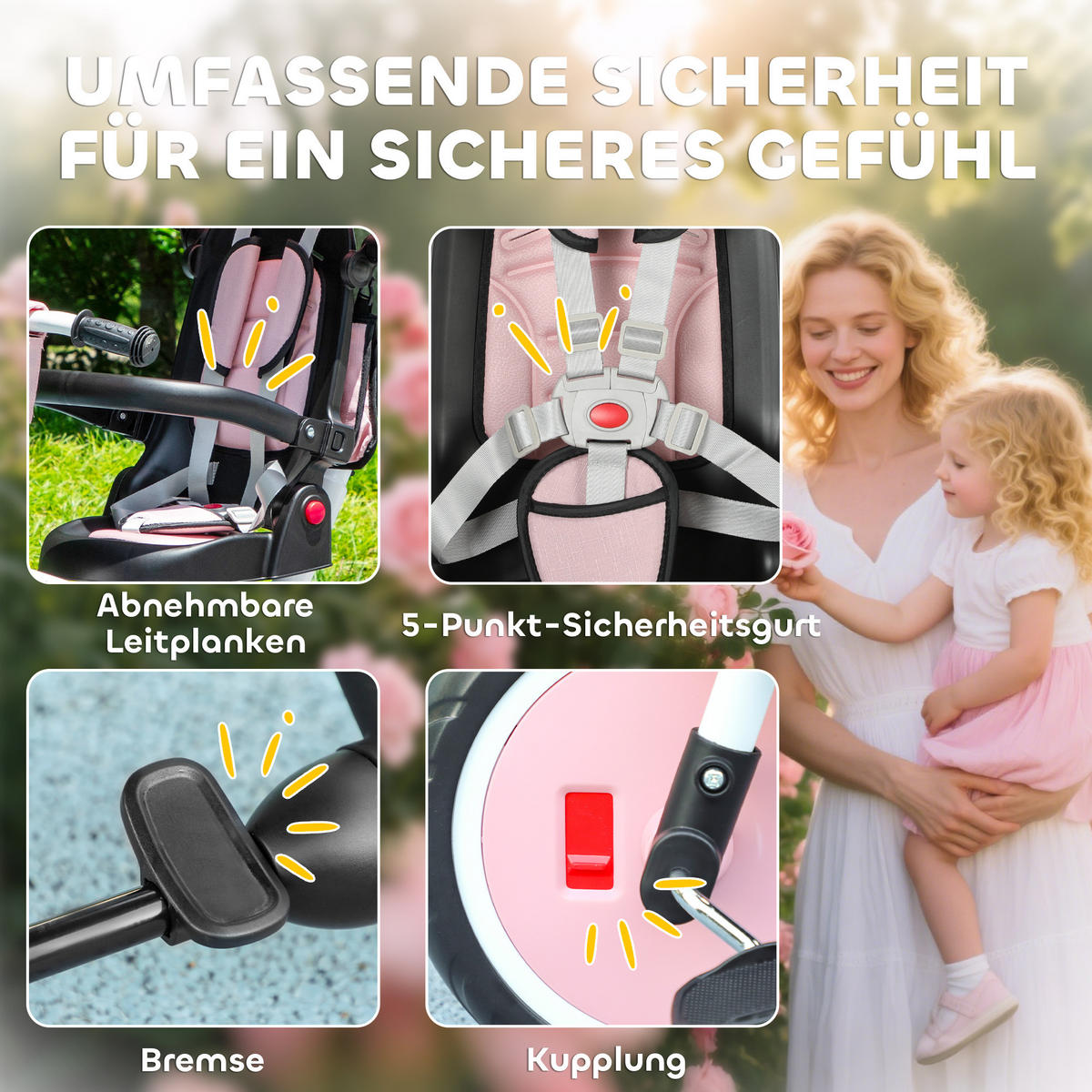 DREIRAD 6in1 mit Schubstange für 1-5 Jahre Kinderdreirad mit drehbarem Sitz Rosa - Rosa, Kunststoff (111.5/52/98cm) - AIYAPLAY