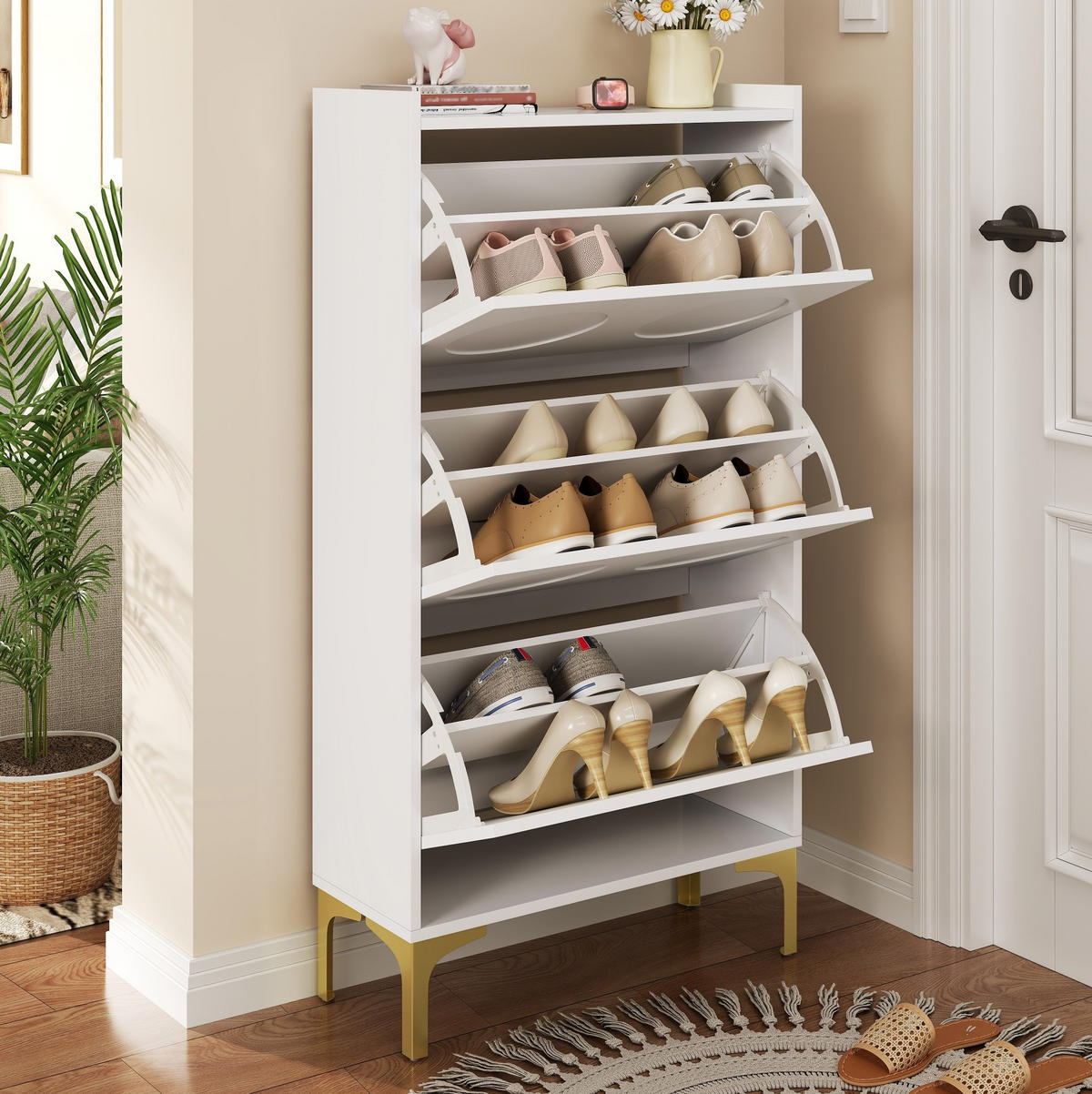 SCHUHSCHRANK aus MDF 63x24x120cm in Weiß mit goldfarbenen Metallbeinen - Weiß, Holzwerkstoff (63/120/24cm) - Modfu