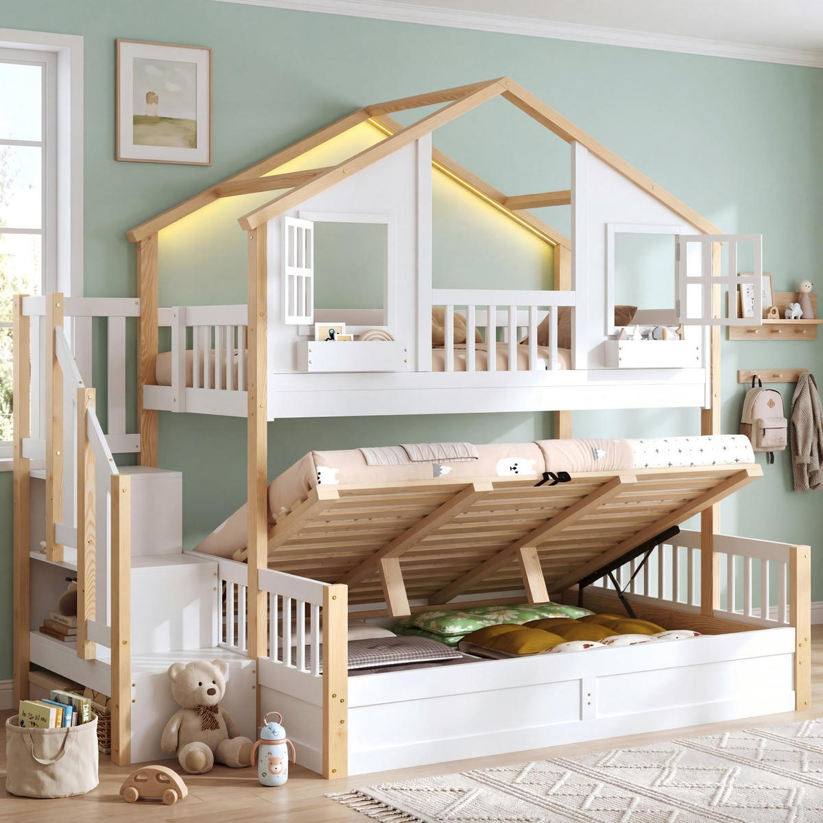 ETAGENBETT 90/200 cm & 140/200 cm in Weiß Hausbett mit Stauraumtreppe, Bettkasten und LED - Weiß/Naturfarben, Holzwerkstoff (140/200cm) - STILVORA