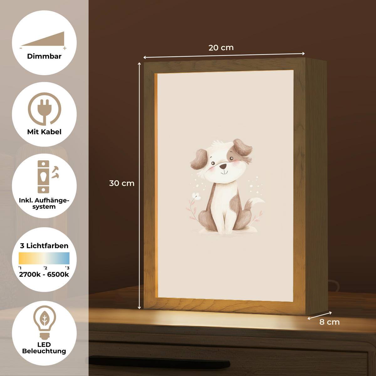 NACHTTISCHLAMPE Hund - Gefleckt - Braun 20x30 cm - Beige, Holzwerkstoff (8/20/30cm) - OnlyWow