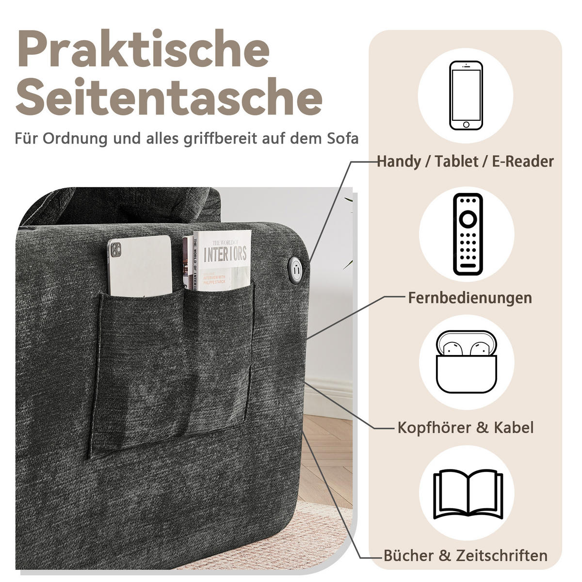 2-SITZER SOFA Chenille Schwarz mit USB, Magazintasche, Getränkehalter und Kissen - Schwarz, Textil (220/89/100cm) - WISHDOR
