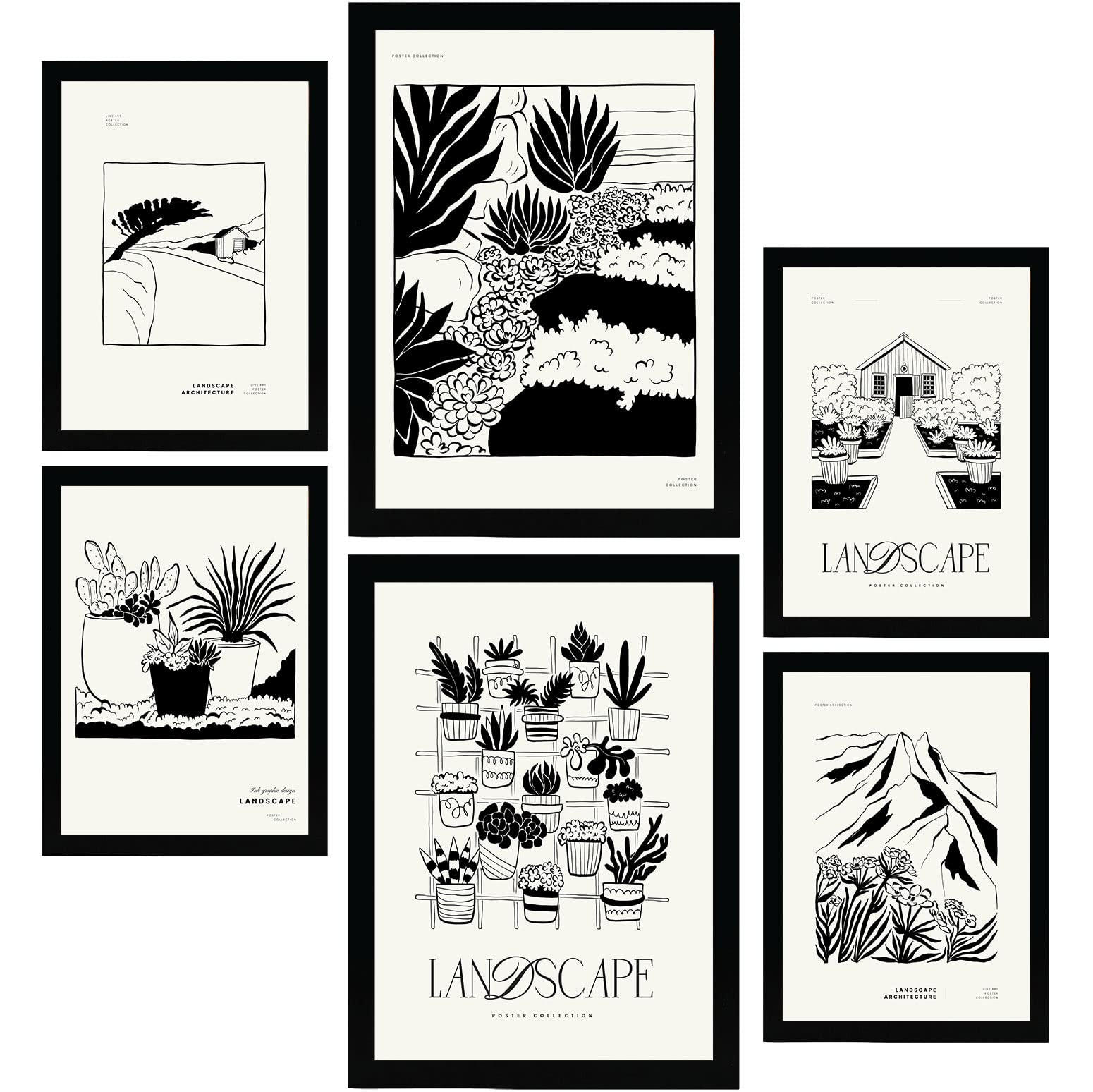 POSTER Set Mit 6 In Schwarzer Tinte Saftiger Garten Künstlerische Und Abstrakte Drucke Für Innenarchitektur A3 & A4 Schwarzer Rahmen - Schwarz, Papier (29/3cm) - Nacnic