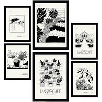 POSTER Set Mit 6 In Schwarzer Tinte Saftiger Garten Künstlerische Und Abstrakte Drucke Für Innenarchitektur A3 & A4 Schwarzer Rahmen - Schwarz, Papier (29/3cm) - Nacnic