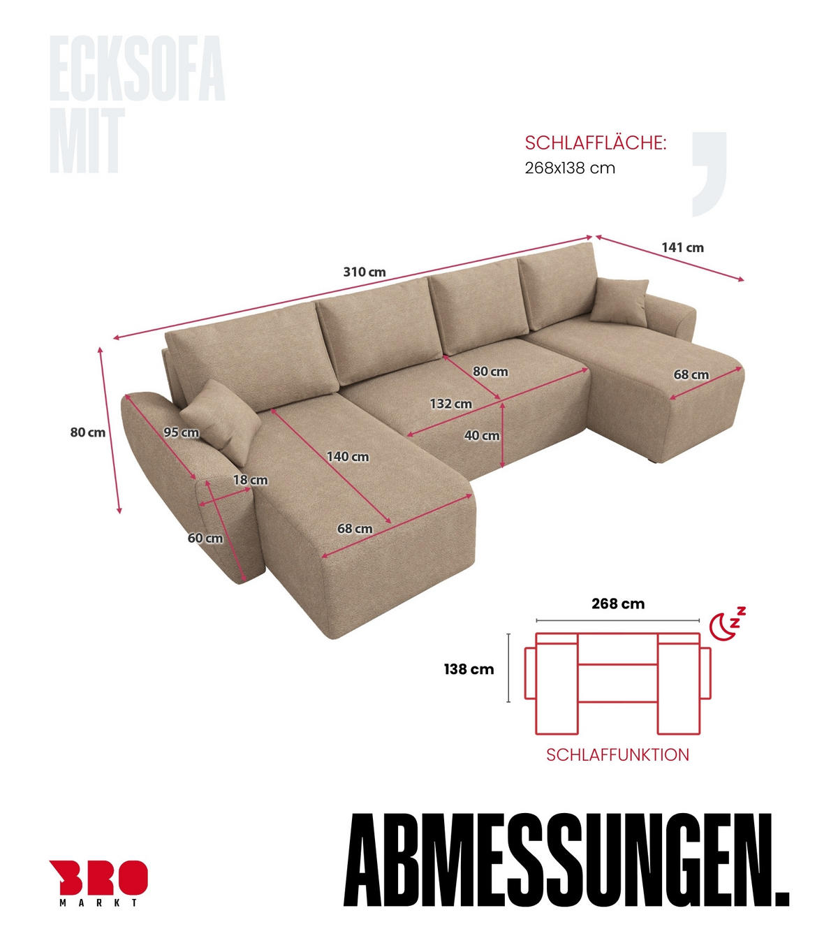 WOHLANDSCHAFT Rotterdam U mit Schlaffunktion Beige Bouclé - Creme, Textil (310/80/141cm) - Bromarkt