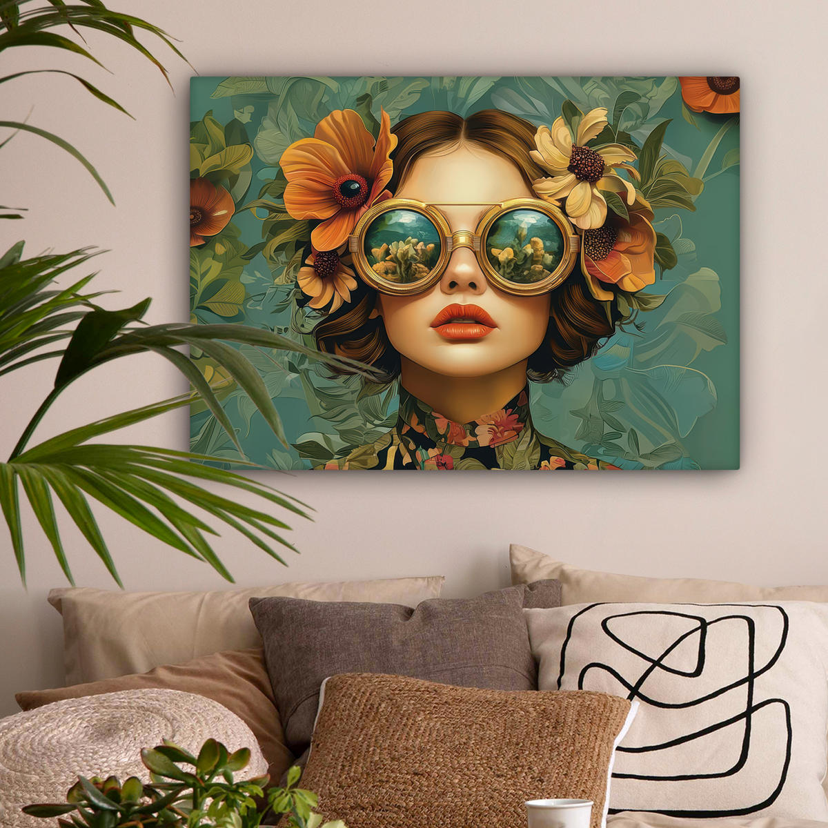 LEINWANDBILD Frau - Blumen - Schmetterlinge - Natur - Vintage Wandbilder 80x60 cm - Salbeigrün, Textil (80/60cm) - MuchoWow