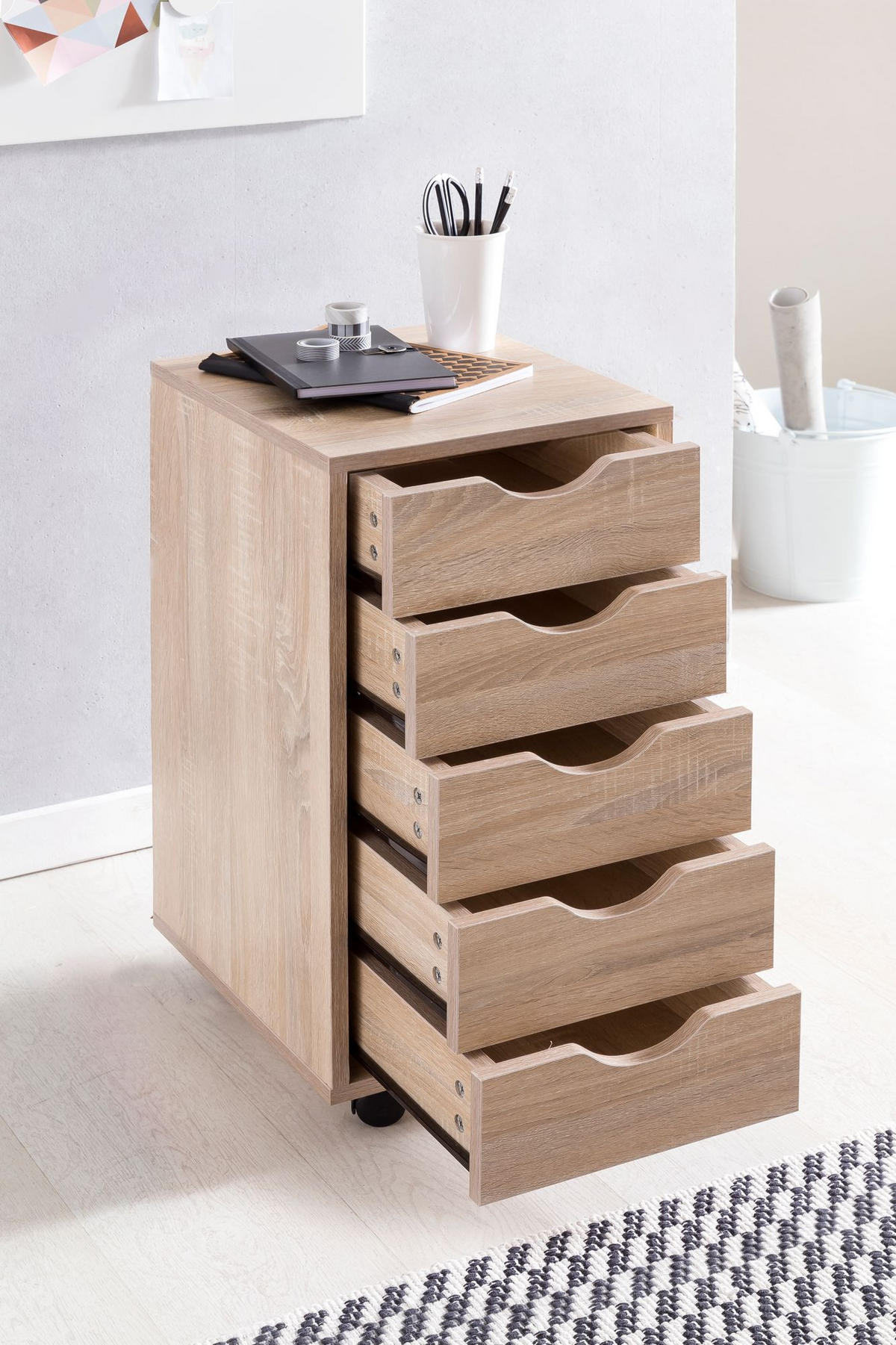ROLLCONTAINER – MDF-Holz, Sonoma, 5 Schubladen, Rollen, für Büro oder Wohnzimmer - Beige/Schwarz, Holz/Kunststoff (38/64/33cm) - KADIMA DESIGN