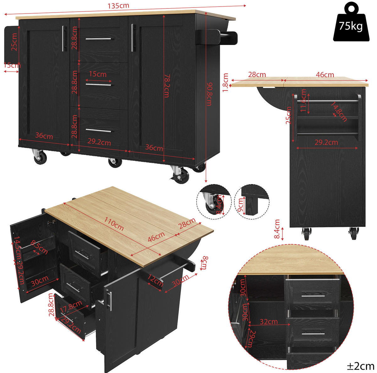 KÜCHENWAGEN 135x74x87.2cm Schwarz mit Klappseiten, 3 Schubladen, Snackregal & 5 Rollen - Schwarz, Holzwerkstoff (135/87.2/74cm) - Modfu