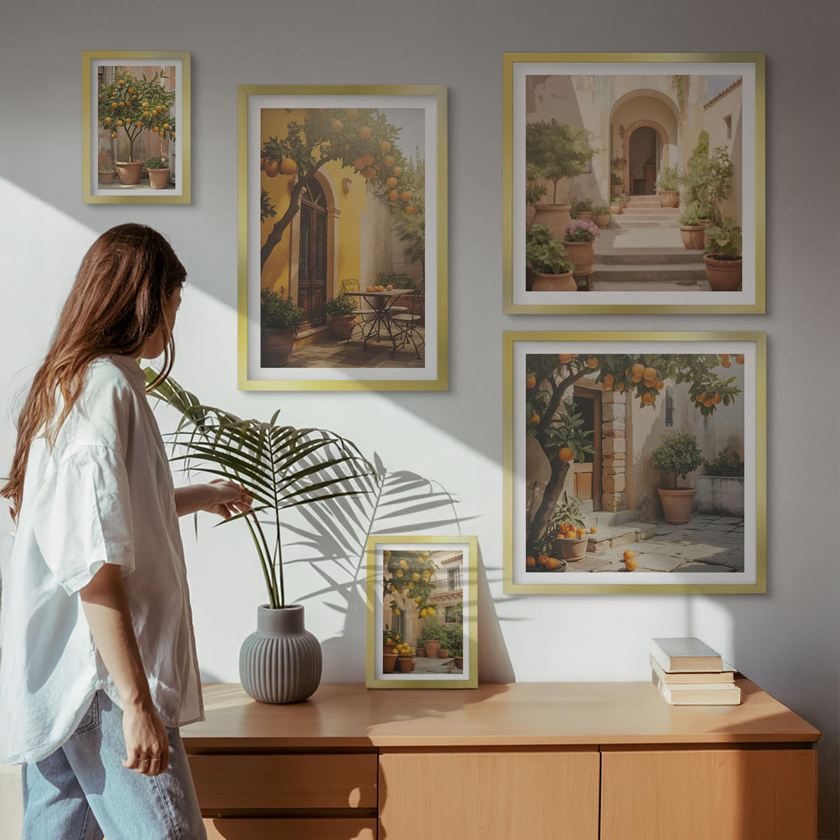 BILDER SET 5er Set - 50x50 cm & 20x30 cm & 40x60 cm Goldrahmen - Sommerlandschaften Flusswiese - Goldfarben, Kunststoff (40/60cm) - TULUP