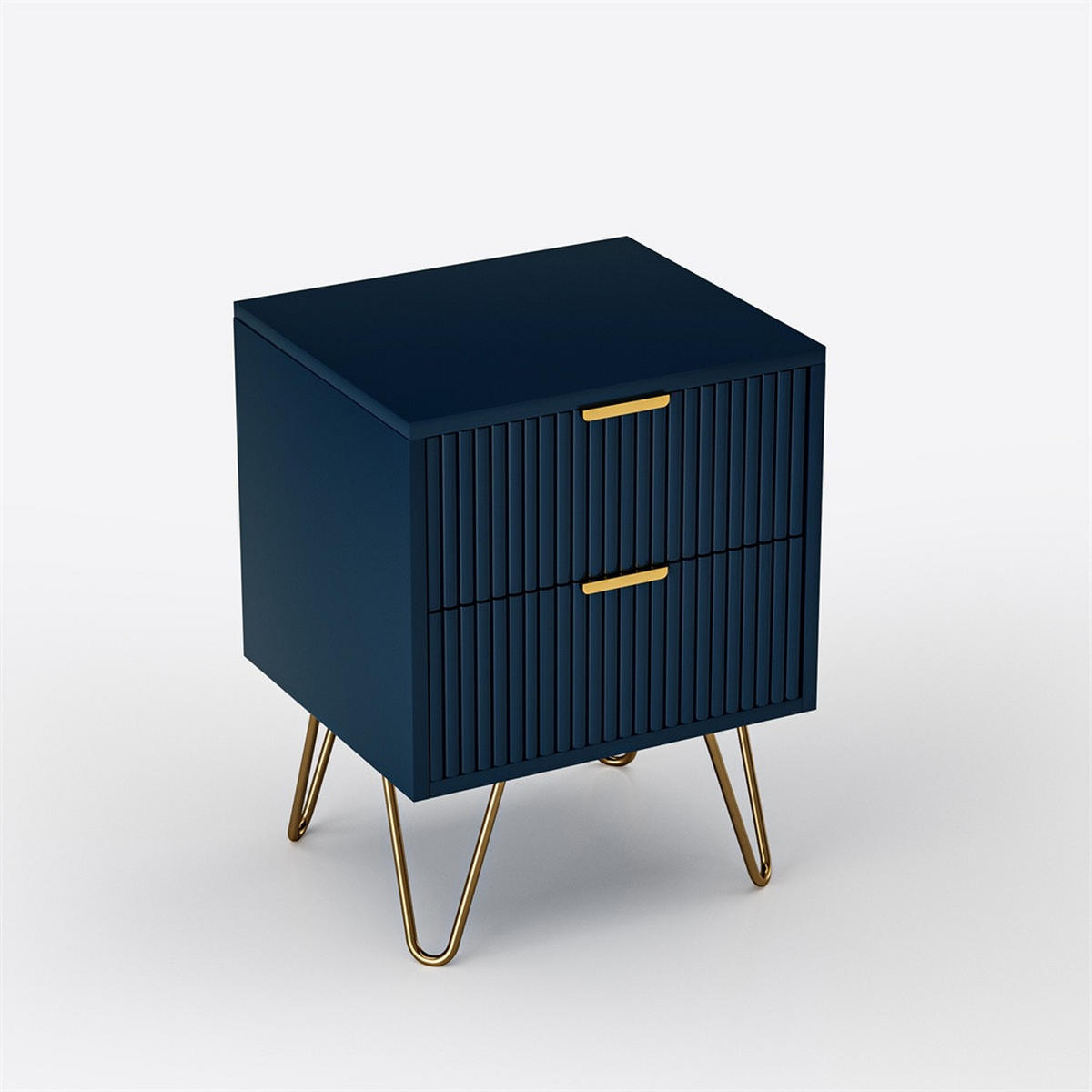 NACHTTISCH mit 2 Schubladen - Rillenstruktur & Goldene Beine - Goldene Griffe - Dunkelblau - Dunkelblau, Holzwerkstoff (40/50/35.5cm) - DELFA