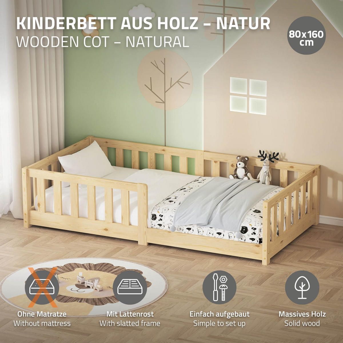 KINDERBETT 80x160 cm Natur aus Kiefernholz - Naturfarben, Holz (80/160cm) - ML-DESIGN