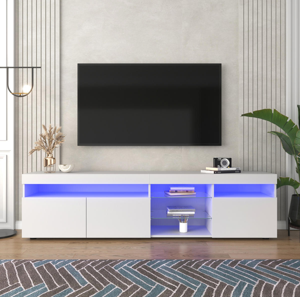 TV-LOWBOARD aus MDF 180x35x48 cm Weiß mit variabler LED-Beleuchtung und 3 Türen in Hochglanzoptik - Weiß, Holzwerkstoff (180/48/35cm) - Modfu