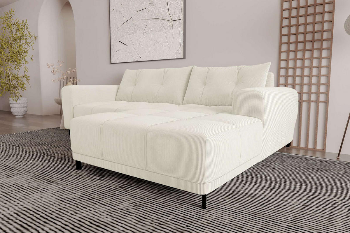 ECKSOFA Massimo Cordstoff Creme inkl. Schlaffunktion Rechts - Creme/Schwarz, Textil/Metall (246/177cm) - 99rooms
