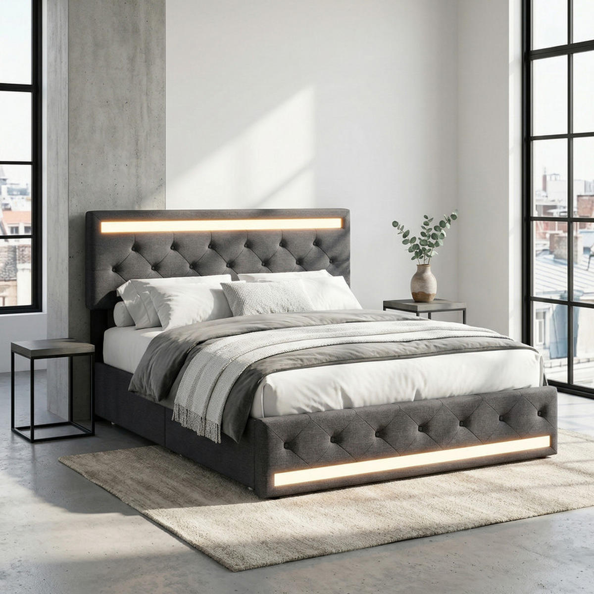 POLSTERBETT 140/200 cm grau mit Schubladen, LED und USB - Grau, Holz