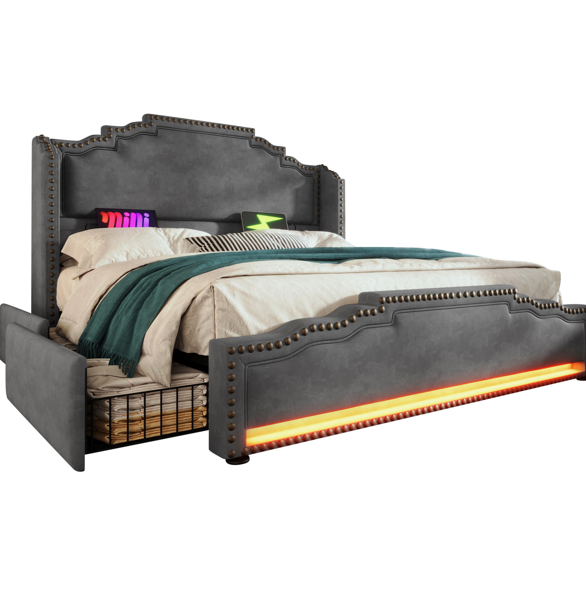 POLSTERBETT mit 4 Schubladen 180x200 cm Samt Grau mit LED und USB-C - Grau, Metall (180/200cm) - Meubliv