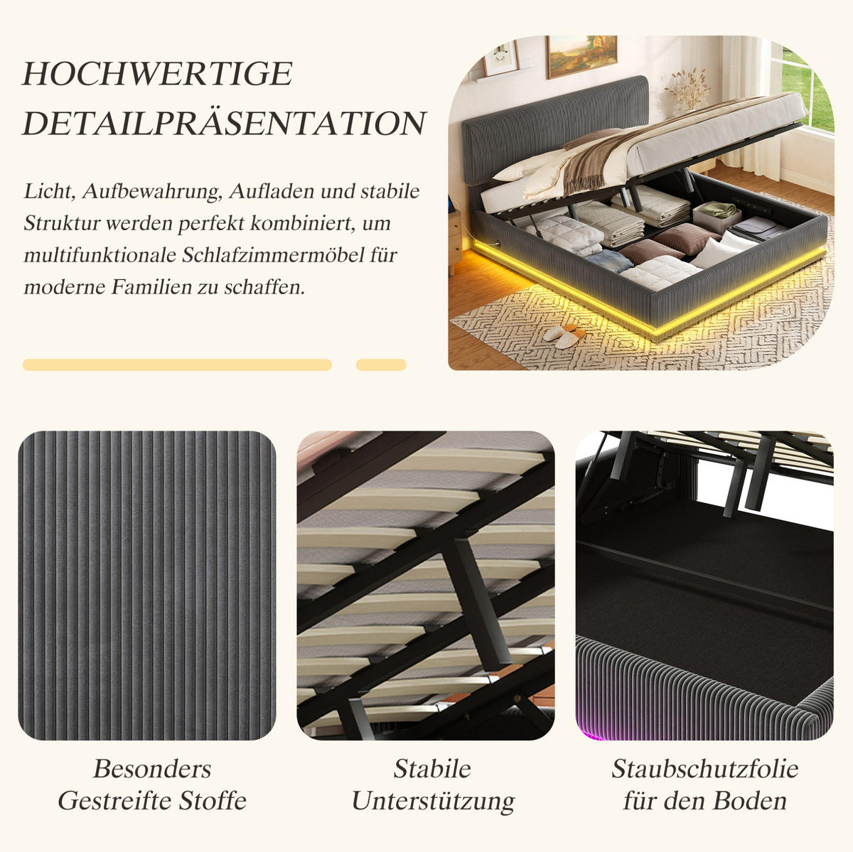 POLSTERBETT 180/200 cm mit LED-Beleuchtung, USB-C-Anschluss, verstellbarem Kopfteil und Bettkasten, Dunkelgrau - Dunkelgrau, Textil (180/200cm) - Redom