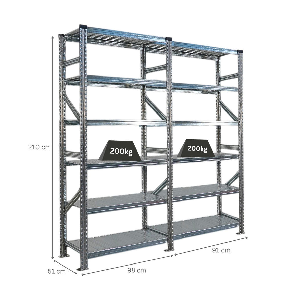 FACHBODENREGAL Proximo Stecksystem 210x180x50cm 6 Ebenen Beidseitig nutzbar Verzinkt - Silberfarben, Metall (180/210/50cm) - PROREGAL
