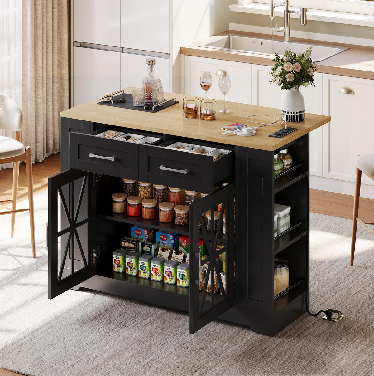 KÜCHENINSEL mit Klapptisch 120 x 40/65 x 92 cm MDF Black/Natural - Schwarz, Holz (65/92/120cm) - Beauniv