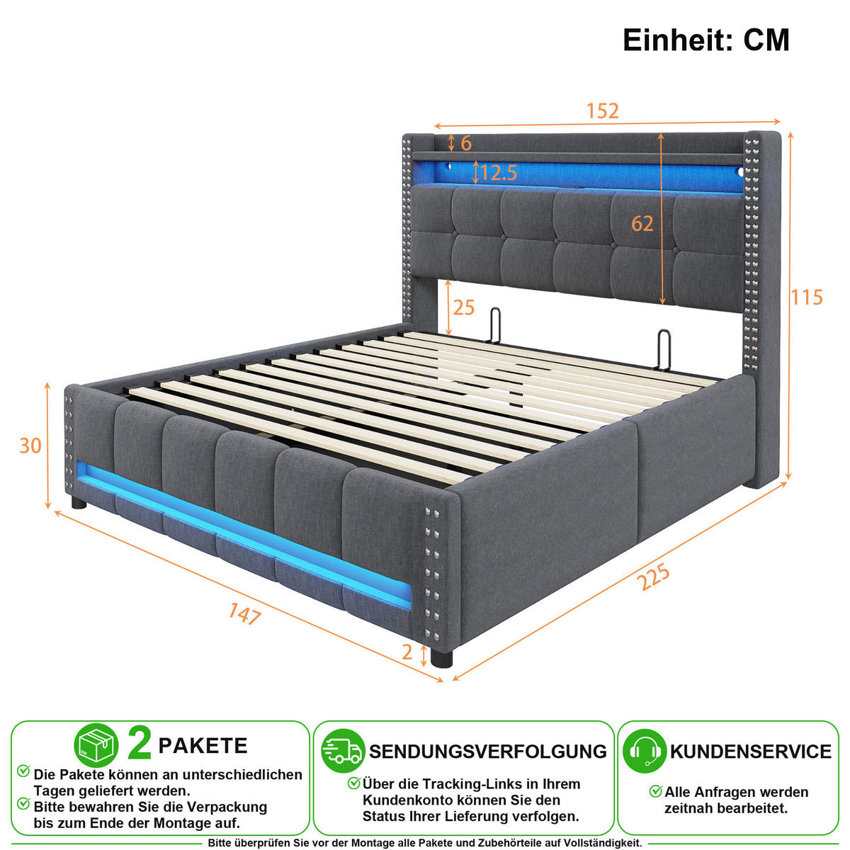 ČALOUNĚNÁ POSTEL 140/200 cm v šedé barvě s úložným prostorem, LED a USB - tmavě šedá, kov/kompozitní dřevo (140/200cm) - CHICFURN