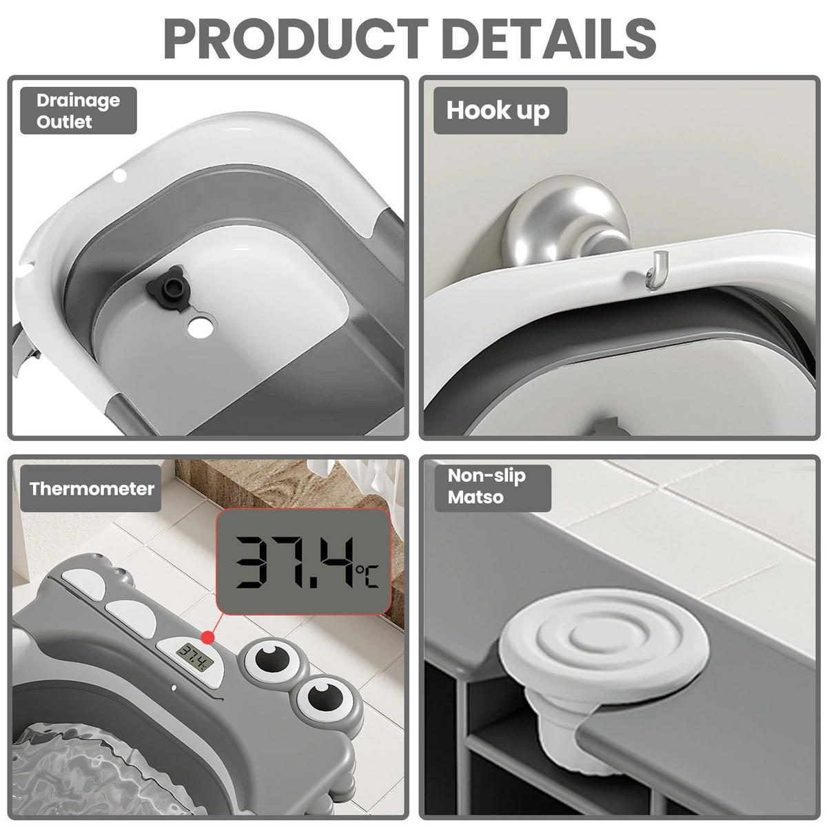 BABYBADEWANNE Faltbare mit Badekissen, Sitz & Thermometer, Grau - Grau, Kunststoff (68/41cm) - Kaket