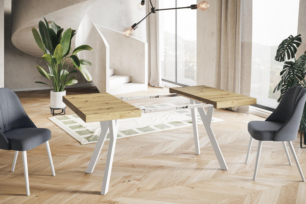 ESSZIMMERTISCH RICO, ausziehbarer Tisch120-220X120X77 cm, Farbe: ARTISAN, mit Holzbeinen in Farbe Weiß - Hellbraun/Weiß, Holzwerkstoff (120/120/77cm) - Alpi-Möbel
