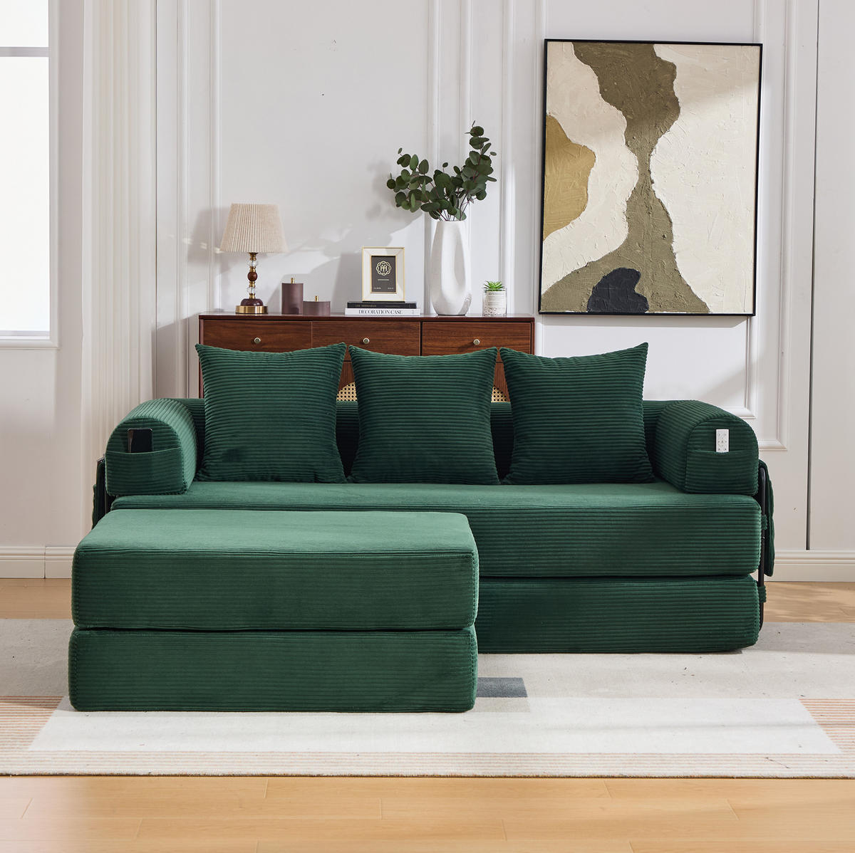 MODULARES Sofa 200/190/67 cm aus Cord mit Hocker und Seitentasche Smaragdgrün - Smaragdgrün, Textil (190/67/200cm) - Modenvie