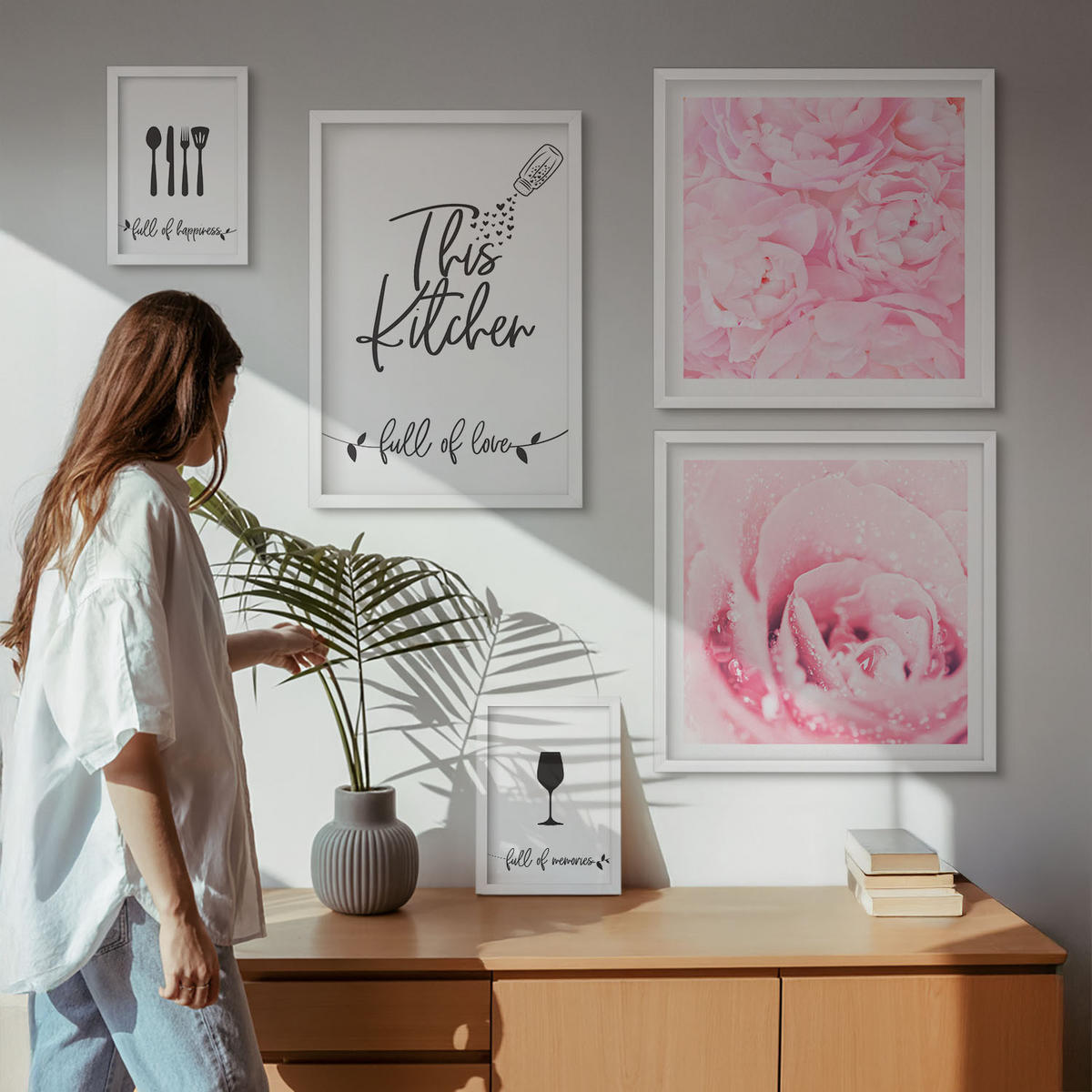 WANDBILDER 5er-Set - 50x50 cm & 20x30 cm & 40x60 cm Weißer Rahmen - Zen-Gemälde, Wassersteine, Buddha - Weiß, Kunststoff (40/60cm) - ArtPrintCave
