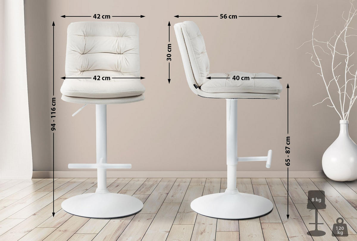 BARHOCKER Samt creme - Creme/Weiß, Textil/Metall (42/94/56cm) - CLP