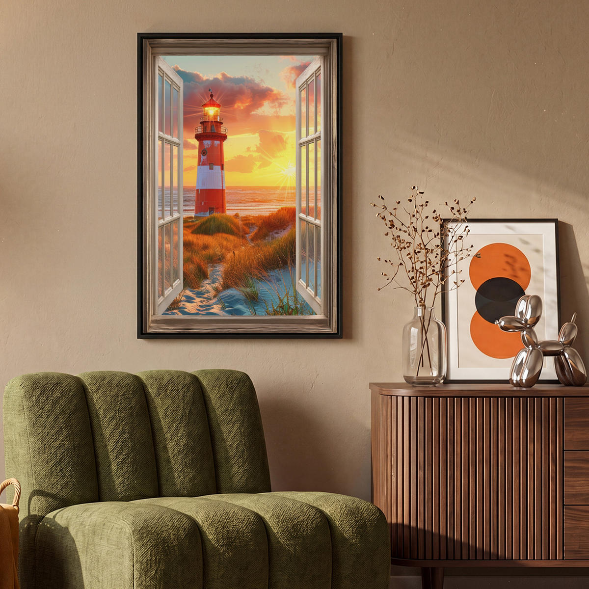 LEINWAND Bilder mit Rahmen - Aussicht - Fenster - Leuchtturm - Sonnenuntergang - Strand - 60x90 - Dunkelorange, Textil (60/90cm) - MuchoWow