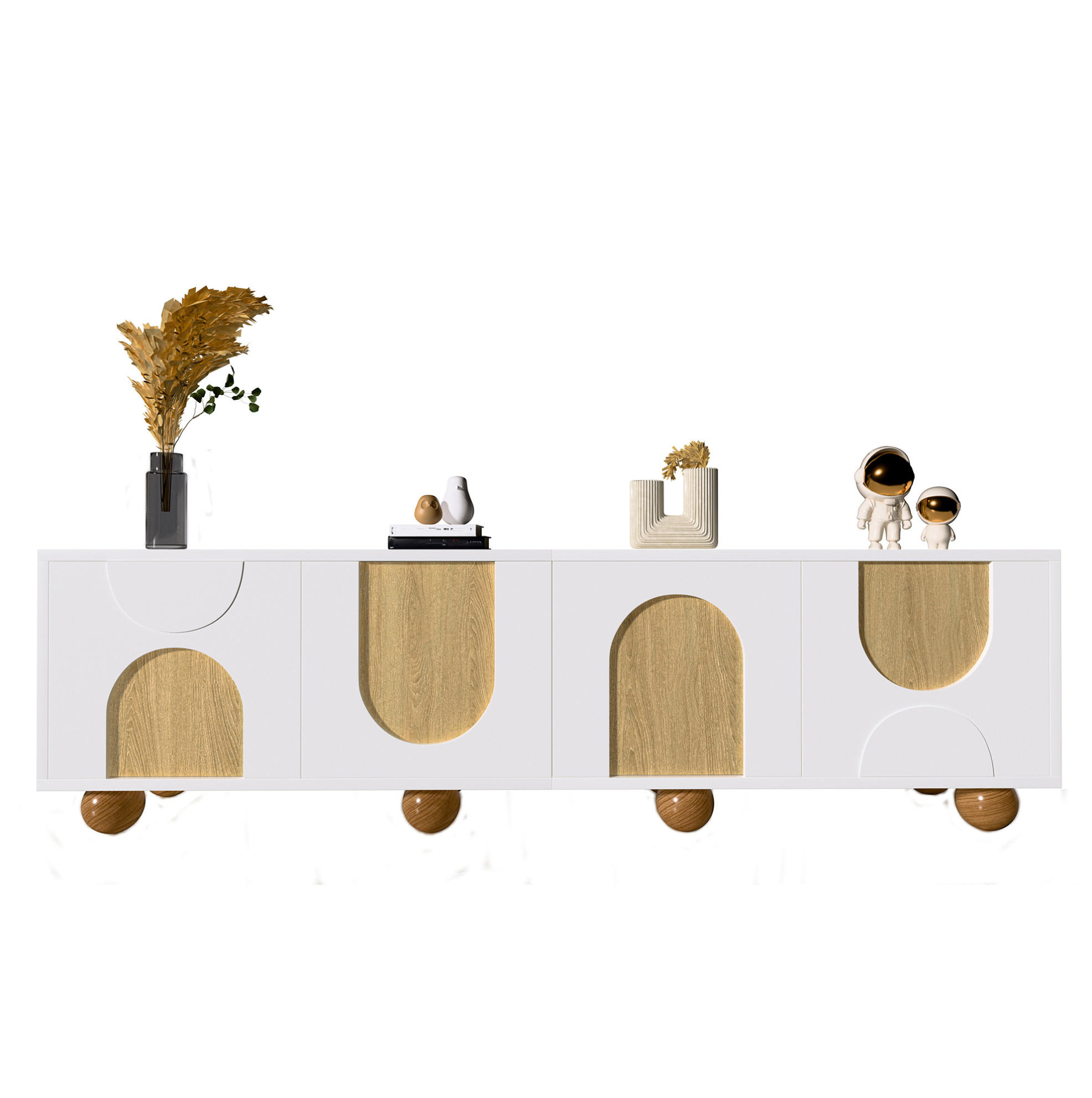 Redom TV stolek 175/38/50 cm z MDF se čtyřmi úložnými přihrádkami a stabilními dřevěnými nohami, Přírodní/Bílá