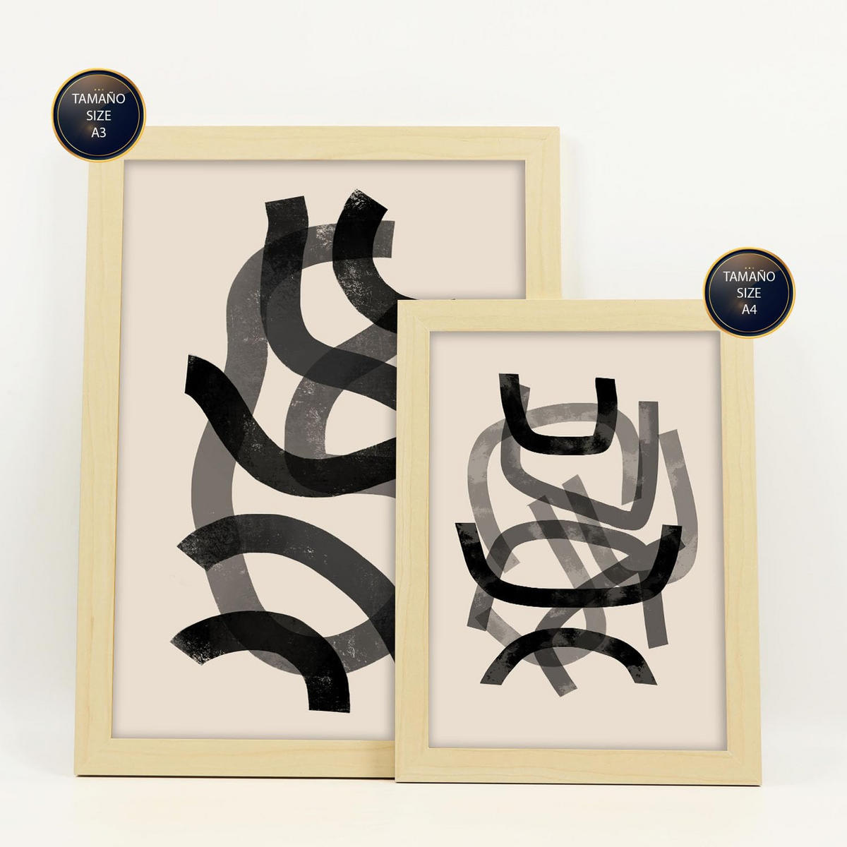 POSTER Set Mit 6 Zusammenfassungen In Form Ästhetische Dekorative Gemälde Für Ihr Wohnzimmer, Schlafzimmer Oder Zuhause A3 & A4 Rahmen Aus Hellem Holz - Beige, Papier (29/3cm) - Nacnic