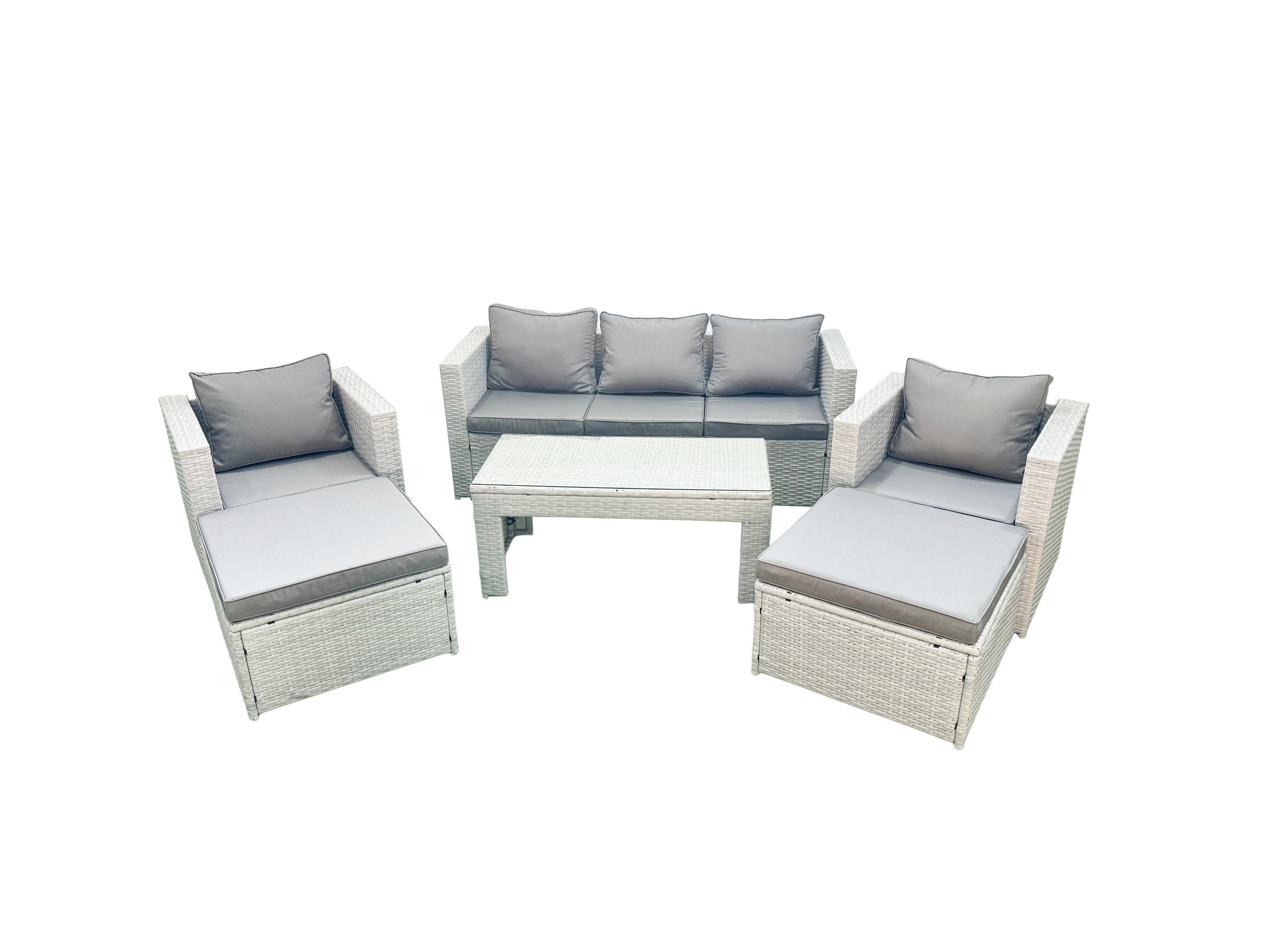 GARTENSET mit 3-SITZER SOFA,COUCHTISCH Polyrattan Hellgrau-Mix 7-Sitzer - Hellgrau/Grau, Glas/Kunststoff - Fimous