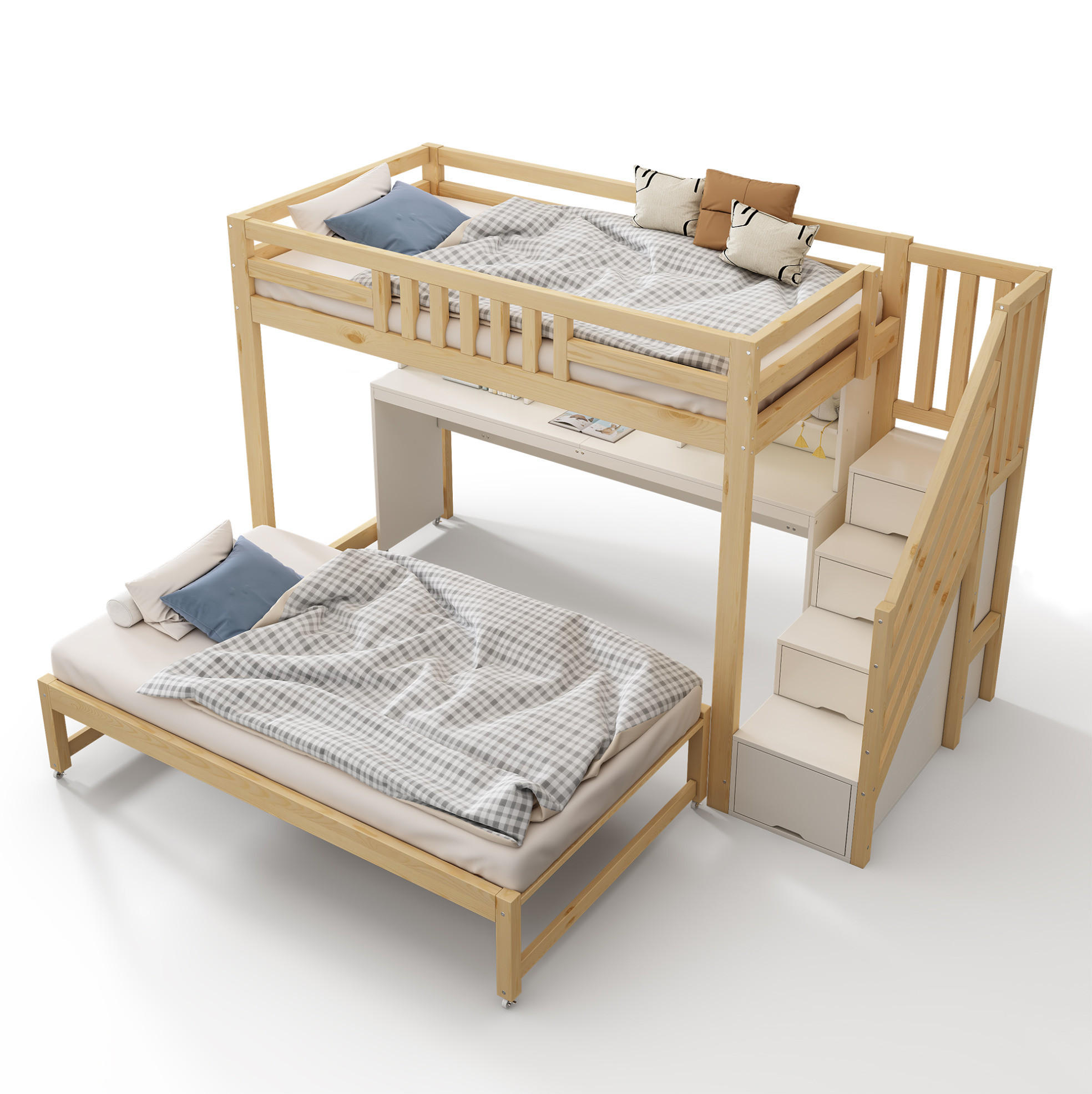 ETAGENBETT aus Kiefernholz 90x200 cm Weiß & Eiche mit Schreibtisch, Ausziehbett, Stauraum und Leiter - Eichefarben, Holz (90/200cm) - Modfu