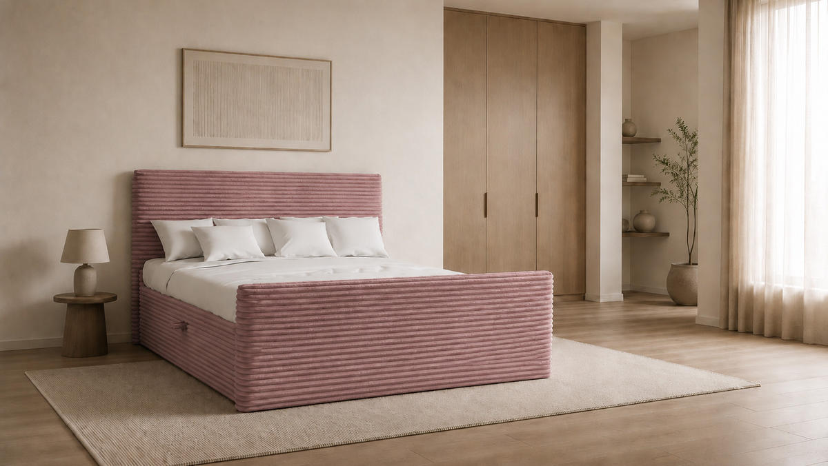BOXBETT Mit Bettkasten Und Topper TRENTO Stoff Plüsch Cord 180x200 cm Rosa H2-Pocket - Rosa, Holz/Textil (180/200cm) - Kaiser Möbel