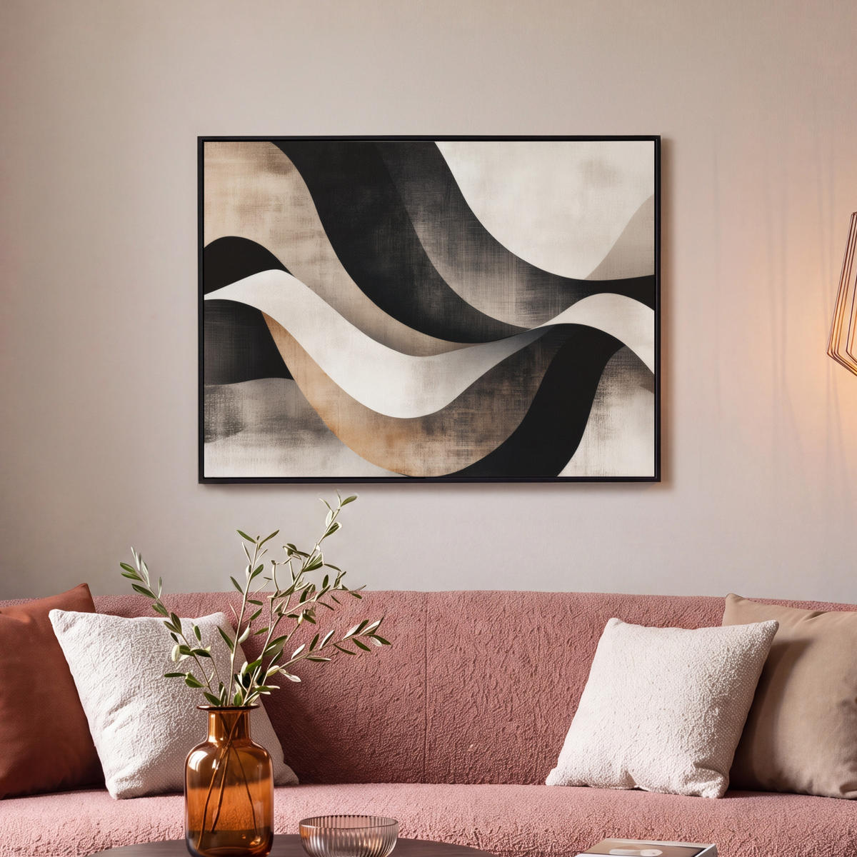 LEINWAND Bilder mit Rahmen - Abstrakt - Wellen - Schwarz - Verwittert - 80x60 - Trüffeleichefarben, Textil (80/60cm) - MuchoWow