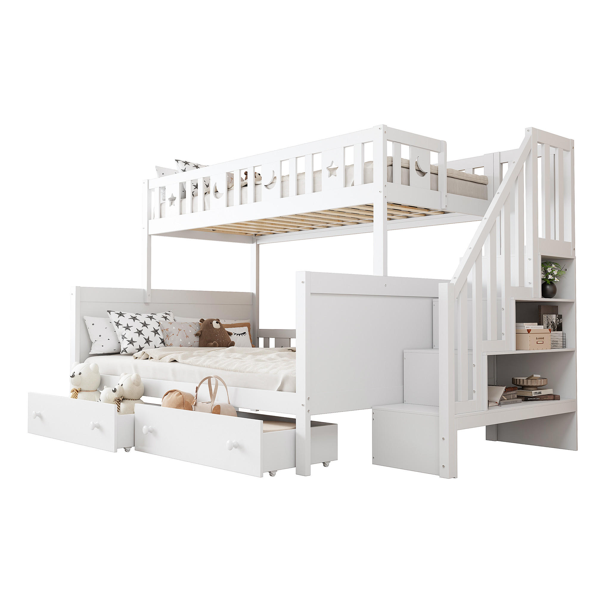 ETAGENBETT 90/200 cm und 140/200 cm Weiß aus Massivholz mit Sicherheitsleiter und zwei Schubladen - Weiß, Holz (90/200cm) - OKWISH