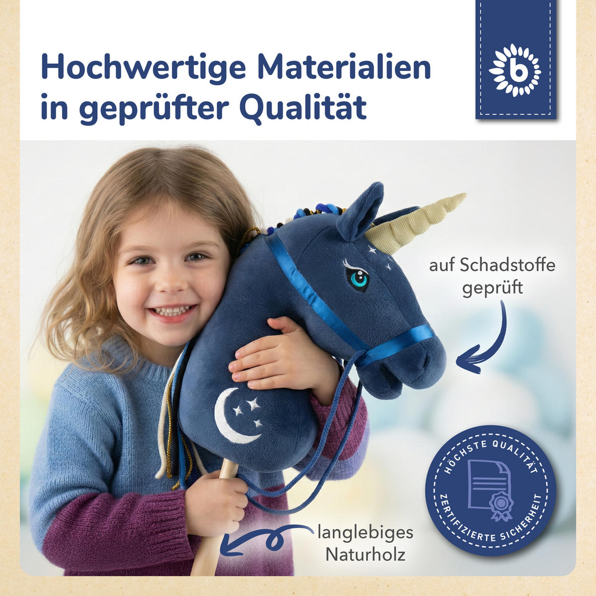 STECKENPFERD Einhorn Luna aus Holz - Blau, Textil (33/92cm) - Bieco Spielwaren