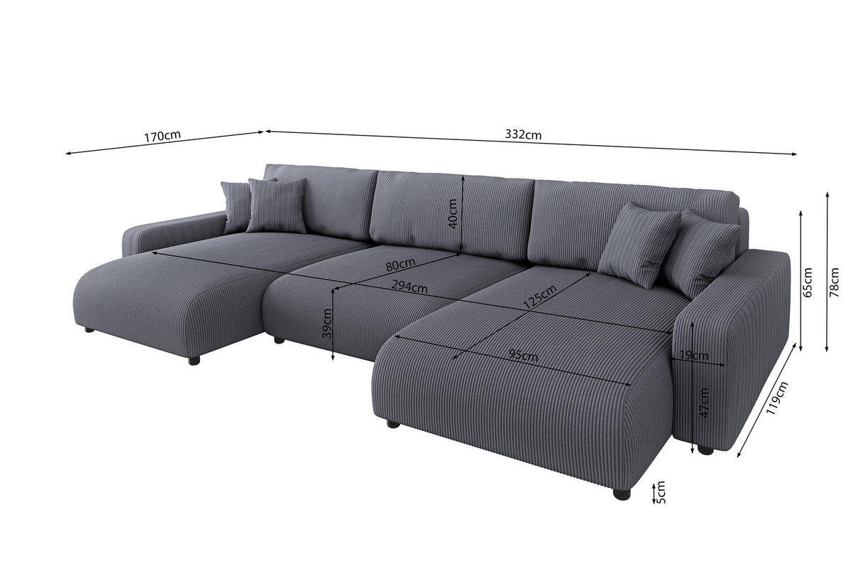 WOHNLANDSCHAFT Emma Grau Cord - Schwarz/Grau, Holz/Kunststoff (332/170cm) - S-Style Möbel