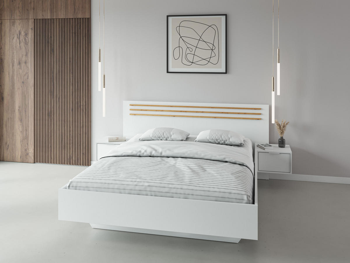 BETT FLOVIA – 160×200 cm - mit 2 Nachttischen Alpinweiß - Weiß, Holzwerkstoff (160/200cm) - Milaros Markt
