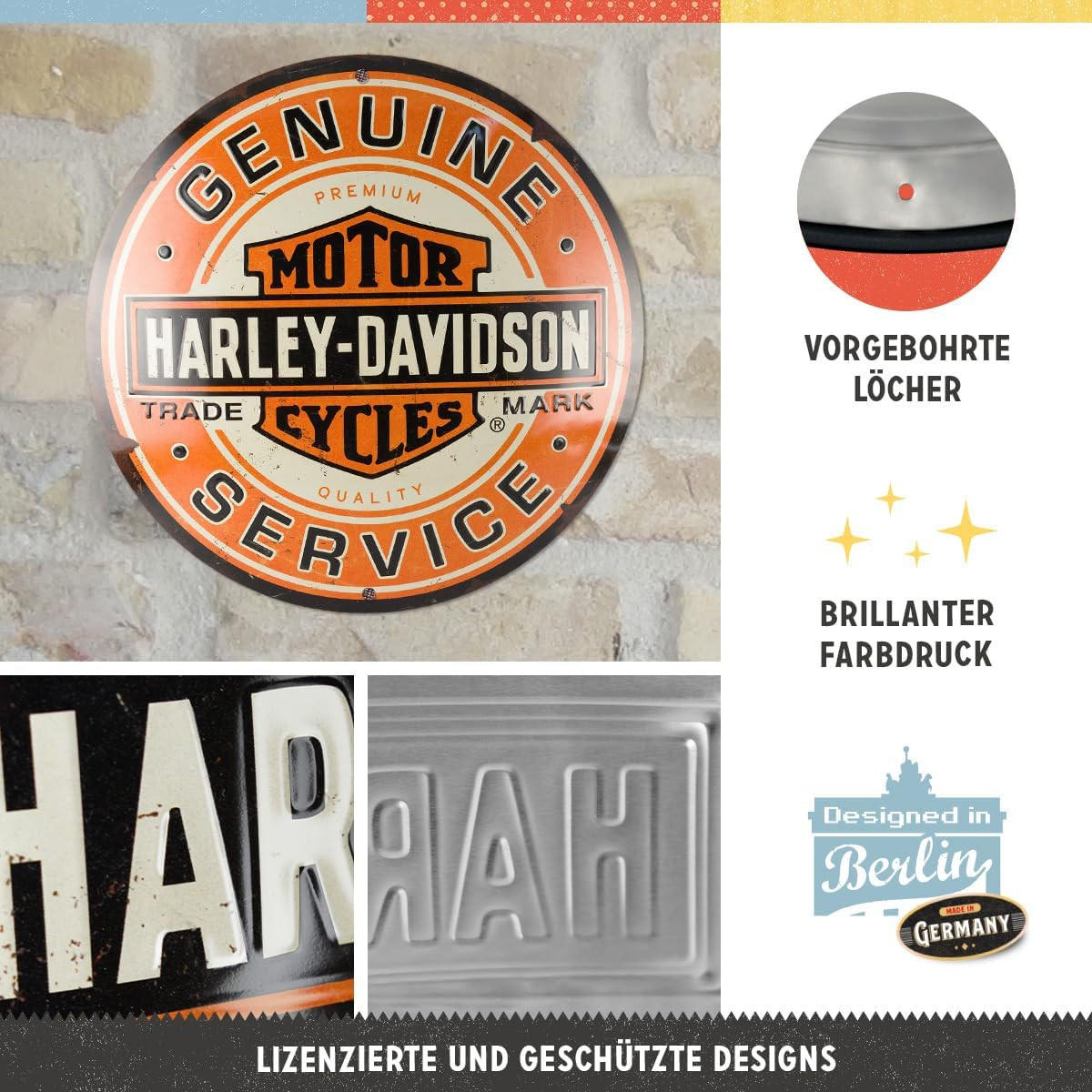 BLECHSCHILD 35 cm Rund Harley Davidson Genuine Service - Multicolor, Metall (35/35/0.2cm) - Nostalgic-Art