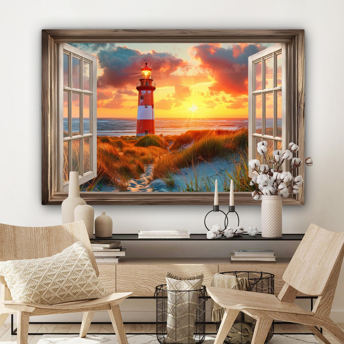 LEINWANDBILD Aussicht - Fenster - Leuchtturm - Sonnenuntergang - Strand Wohnzimmer Groß 120x80 cm - Dunkelorange, Textil (120/80cm) - MuchoWow