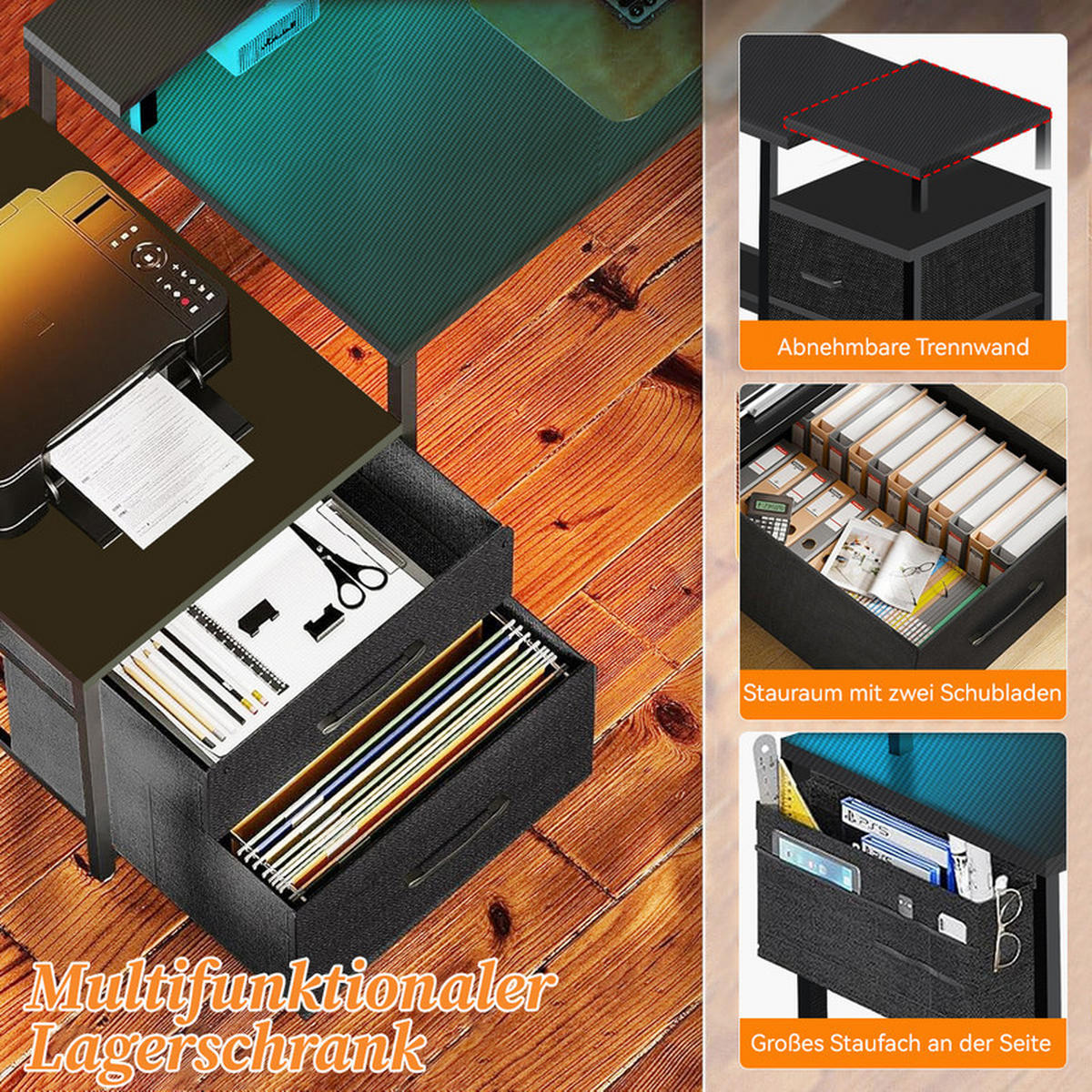 GAMINGTISCH L-förmig,120 x 120 x 75 cm,Eckschreibtisch mit Ablagefach,mit Monitorständer,2 USB mit 3 Buchsen,Schwarz - Schwarz, Metall (120/40/75cm)