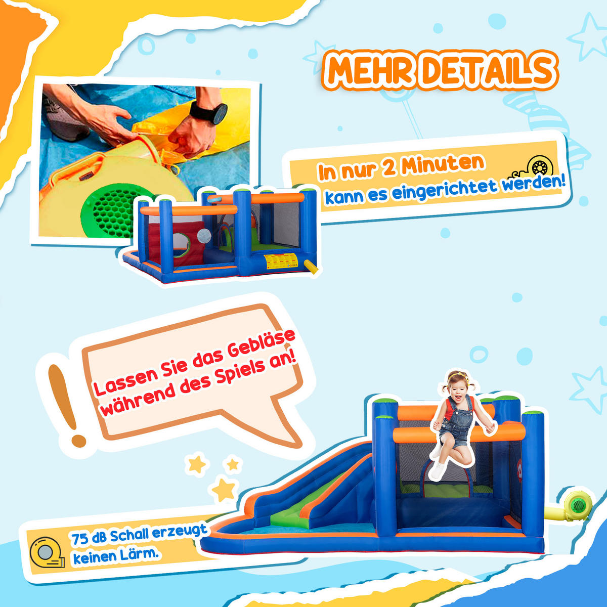 HÜPFBURG, Oxfordstoff, Mehrfarbig - Blau, Kunststoff (380/340/170cm) - Outsunny